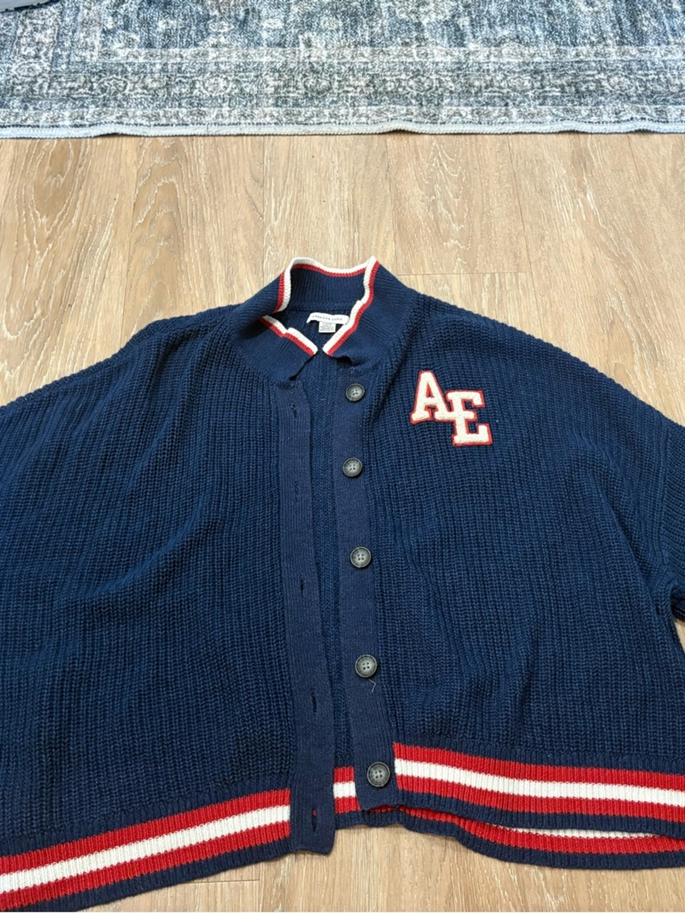 American Eagle Outfitters Navy Blue Cardigan with Red & White Trim